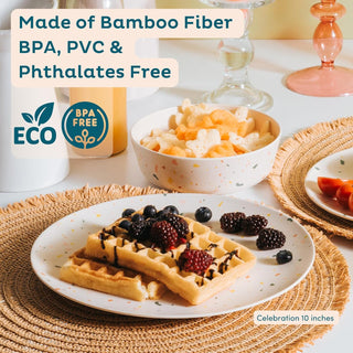 4-Pack Reusable Bamboo Plates, Non-Toxic Toddler and Kids Plates, Dishwasher Safe, Not Microwave Safe (Celebration 8 Inch)