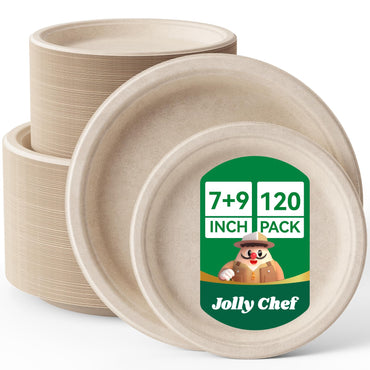 A stack of eco-friendly, beige Jolly Chef Compostable White&Natural Plates(60 sets) with a label indicating a 7+9 inch pack containing 120 plates from Jolly Chef.