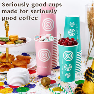 12oz/16oz/20oz Pink & Green Paper Coffee Cups with Lids and Straw - Office & Travel - Jolly Pack - JOLLYCHEF