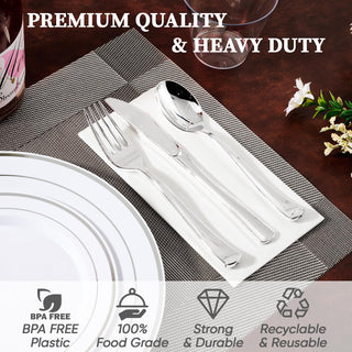 Premium quality, heavy-duty clear plastic cutlery set with fork, knife, and spoon on napkin. BPA free, food grade, strong, durable, recyclable.