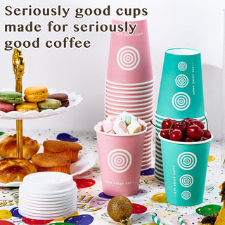 12oz/16oz/20oz Pink & Green Paper Coffee Cups with Lids and Straw - Office & Travel - Jolly Pack - JOLLYCHEF