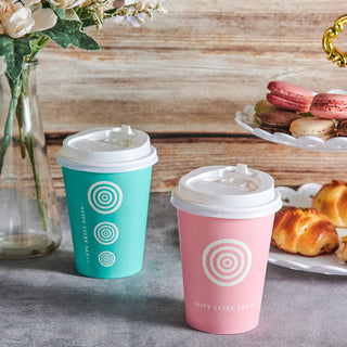 12oz/16oz/20oz Pink & Green Paper Coffee Cups with Lids and Straw - Office & Travel - Jolly Pack - JOLLYCHEF