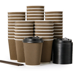 10oz/ 12oz/16oz Brown Ripple Wall Paper Coffee Cups with Lids and Straw - Hot Drinks & Cafe - LITOPAK - JOLLYCHEF