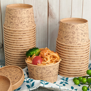 8oz/ 12oz Brown Microwavable Pattern Kraft Paper Soup Containers with Lids - Hot Soup & Storing Food - LITOPAK - JOLLYCHEF