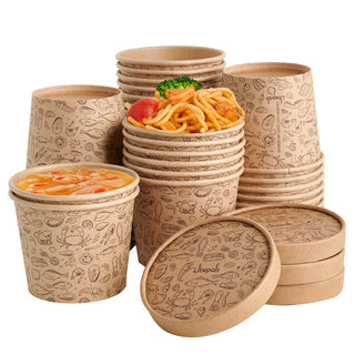 8oz/ 12oz Brown Microwavable Pattern Kraft Paper Soup Containers with Lids - Hot Soup & Storing Food - LITOPAK - JOLLYCHEF