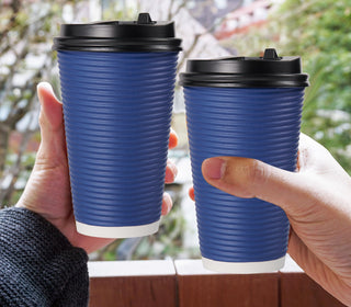 12oz Blue Ripple Wall Paper Coffee Cups with Lids and Straw - Hot Drinks & Cafe - LITOPAK - JOLLYCHEF