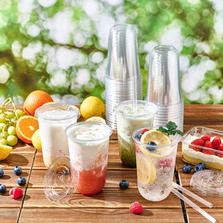 12oz/16oz Bulk Plastic Cups with Lids and Starws | U Shaped Drinkware for Iced Coffee, Smoothies, Lemonade | BPA Free | Cafe Supply