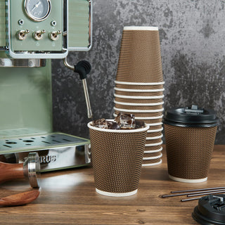 10oz/ 12oz/16oz Brown Ripple Wall Paper Coffee Cups with Lids and Straw - Hot Drinks & Cafe - LITOPAK - JOLLYCHEF