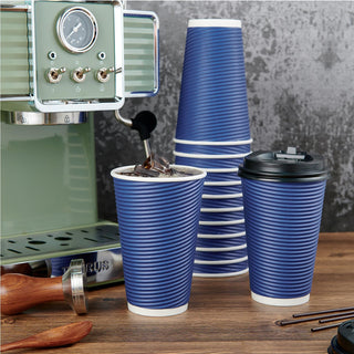 12oz Blue Ripple Wall Paper Coffee Cups with Lids and Straw - Hot Drinks & Cafe - LITOPAK - JOLLYCHEF