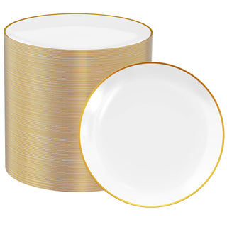 7in / 10.25in White Elegant & Food - Grade Plastic Plates with Gold Rim - Weddings & Birthday Parties - FOCUSLINE - JOLLYCHEF