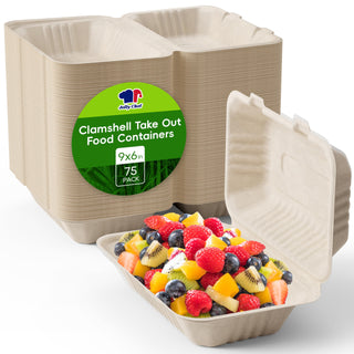 Pack of Jolly Chef 9x6 inch clamshell takeout food containers, featuring an open container filled with vibrant mixed fruit.