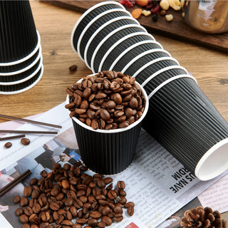 8oz/ 12oz/ 16oz Elegant Black Ripple Wall Durable Paper Coffee Cups - Tea Hot Chocolate & Office - Jolly Pack - JOLLYCHEF