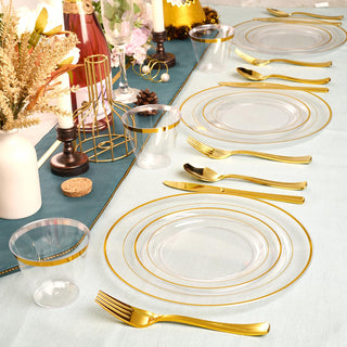 7in /10in Elegant Clear Plastic Plates with Gold Rim - Wedding & Birthday Party - FOCUSLINE - JOLLYCHEF