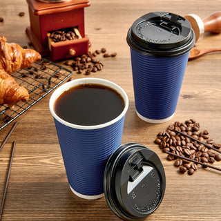 12oz Blue Ripple Wall Paper Coffee Cups with Lids and Straw - Hot Drinks & Cafe - LITOPAK - JOLLYCHEF