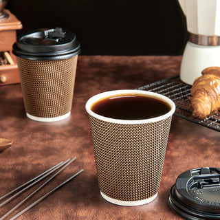 10oz/ 12oz/16oz Brown Ripple Wall Paper Coffee Cups with Lids and Straw - Hot Drinks & Cafe - LITOPAK - JOLLYCHEF