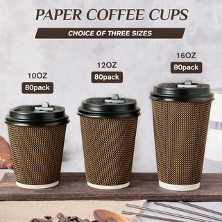 10oz/ 12oz/16oz Brown Ripple Wall Paper Coffee Cups with Lids and Straw - Hot Drinks & Cafe - LITOPAK - JOLLYCHEF