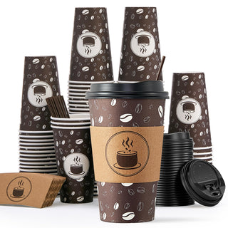 Multiple Size Brown Paper Coffee Cups with Lids & Sleeves & Straws - Hot Coffee & Office - Jolly Party - JOLLYCHEF