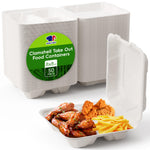 White 8x8 inch sugarcane clamshell take out food containers, 50 pack, holding chicken wings and fries.