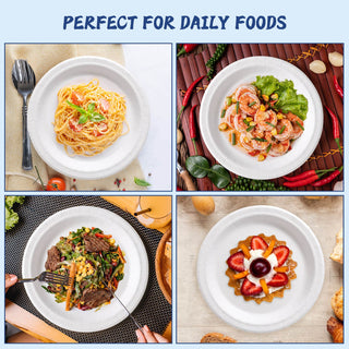 A collage of four jolly chef plates featuring pasta, shrimp salad, a mixed vegetable dish with beef, and a dessert, highlighting daily food options.