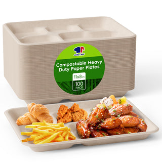 A stack of Jolly Chef's Compostable Square 5 Compartment Plates, featuring fried chicken, fries, a croissant, and colorful fruits.