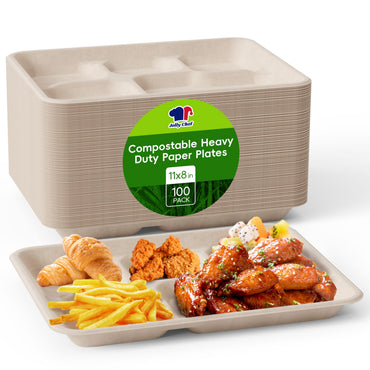 A stack of Jolly Chef's Compostable Square 5 Compartment Plates, featuring fried chicken, fries, a croissant, and colorful fruits.