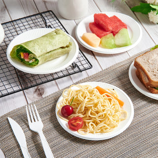 6in / 7in /8in White Round Embossed Compostable Plates - Sandwiches & Pizza - Vplus - JOLLYCHEF
