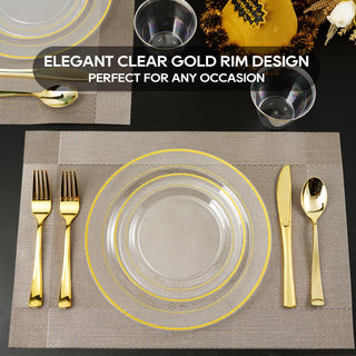 7in /10in Elegant Clear Plastic Plates with Gold Rim - Wedding & Birthday Party - FOCUSLINE - JOLLYCHEF