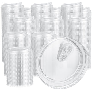 A collection of transparent Jolly Chef Plastic(PET) Sip Lids with a matching lid featuring a flip-top opening.