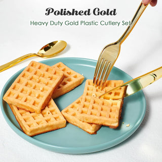 JOLLY CHEF 150 Count Gold Plastic Silverware Set - 50 Forks, 50 Knives, 50 Spoons - Heavy Duty Plastic Cutlery Set Disposable Flatware - JOLLYCHEF