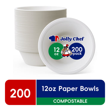 JOLLY CHEF Compostable Disposable Paper Bowls,12 Ounce,200 Count