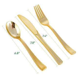 JOLLY CHEF 150 Count Gold Plastic Silverware Set - 50 Forks, 50 Knives, 50 Spoons - Heavy Duty Plastic Cutlery Set Disposable Flatware - JOLLYCHEF