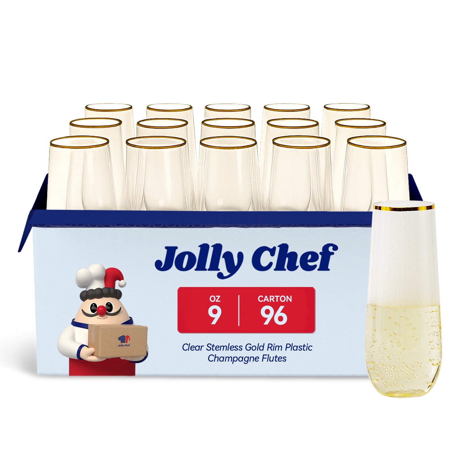A pack of Jolly Chef 9 - oz clear stemless plastic champagne flutes with gold rims, 96 per carton, featuring a sample flute filled with a bubbly drink.