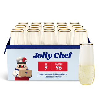 A pack of Jolly Chef 9 - oz clear stemless plastic champagne flutes with gold rims, 96 per carton, featuring a sample flute filled with a bubbly drink.