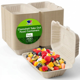 Bulk Natural To Go Boxes | Sugarcane Clamshells for Burgers, Sandwiches, Salads | 100% Compostable | Restaurant Supply