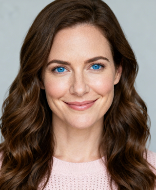 Headshot of a smiling woman with bright blue eyes and wavy brunette hair.
