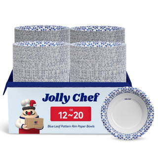 A pack of Jolly Chef blue - leaf - pattern - rim paper bowls, sized 12 to 20 ounces, displayed with stacked bowls in the box and a sample bowl showcasing the design.