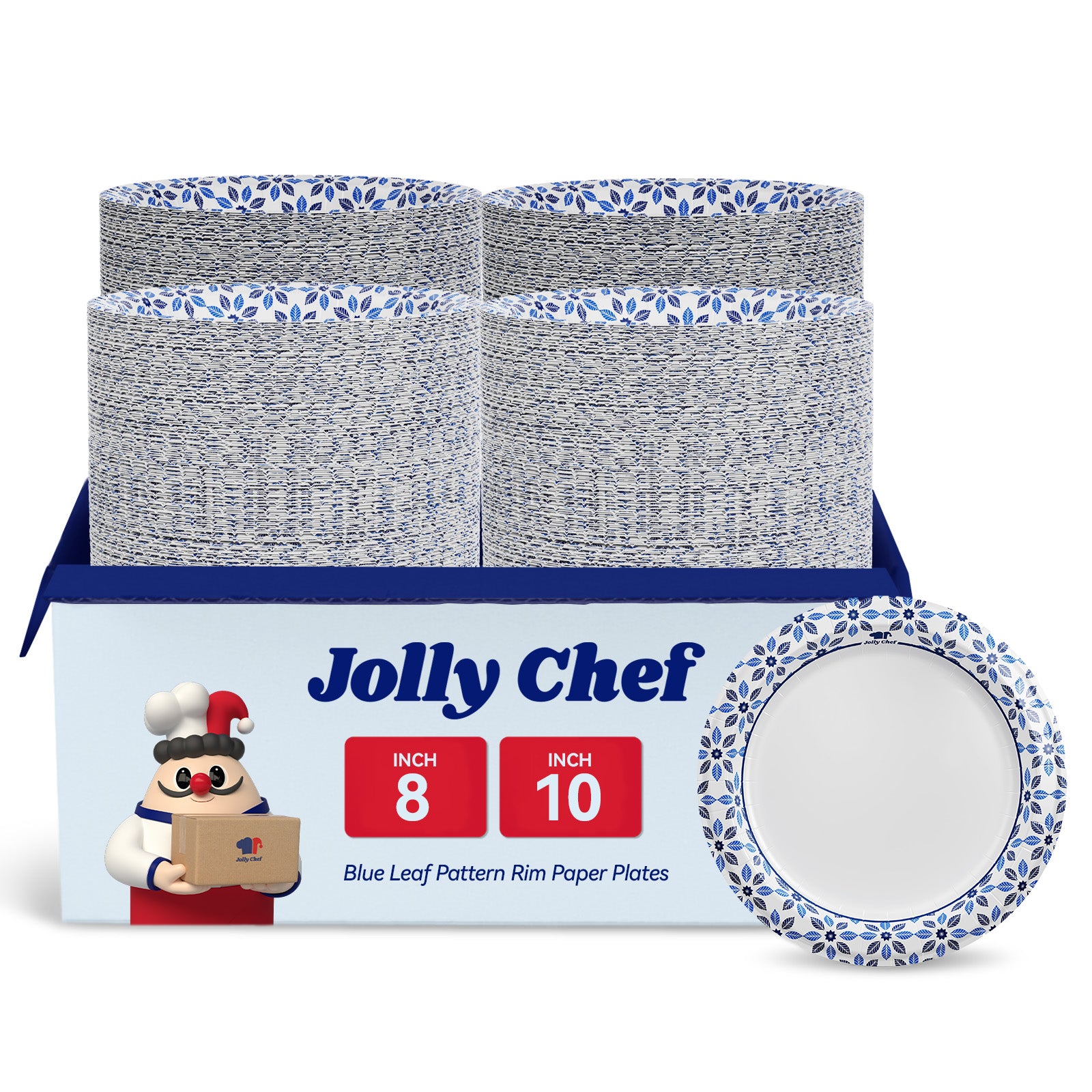A pack of Jolly Chef blue - leaf - pattern - rim paper plates, available in 8 - inch and 10 - inch sizes, displayed with a sample plate showcasing the design.