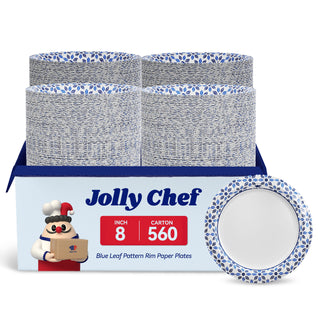 A pack of Jolly Chef 8 - inch blue leaf pattern rim paper plates, 560 per carton, showcasing stacked plates and a single plate for detail.