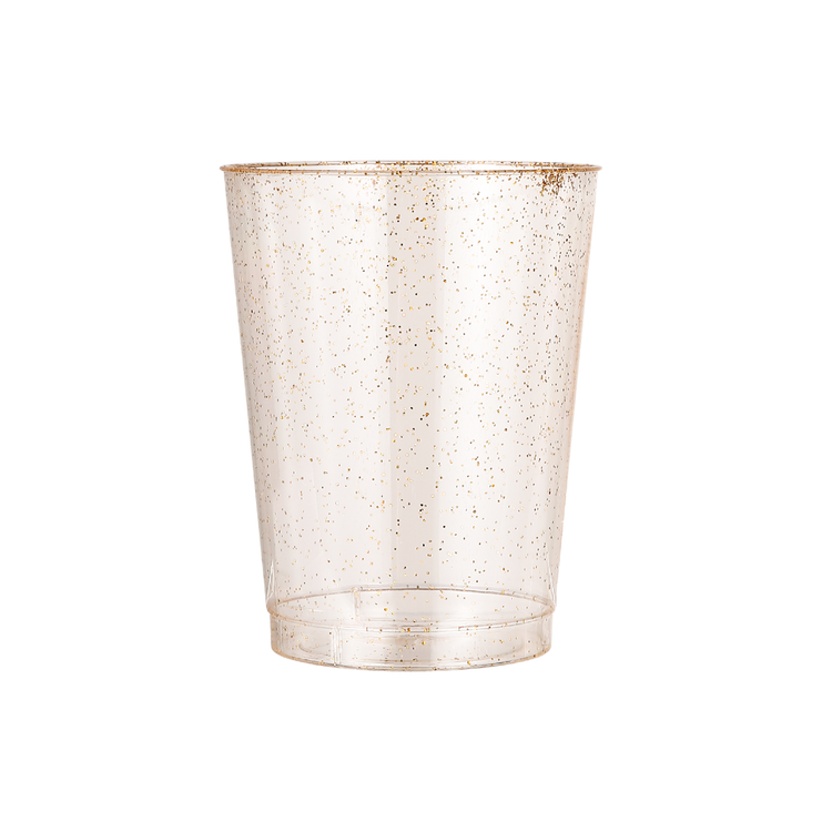 Jolly Chef clear plastic cup with gold flecks, ideal for festive events or parties, featuring a simple, modern design and smooth finish.