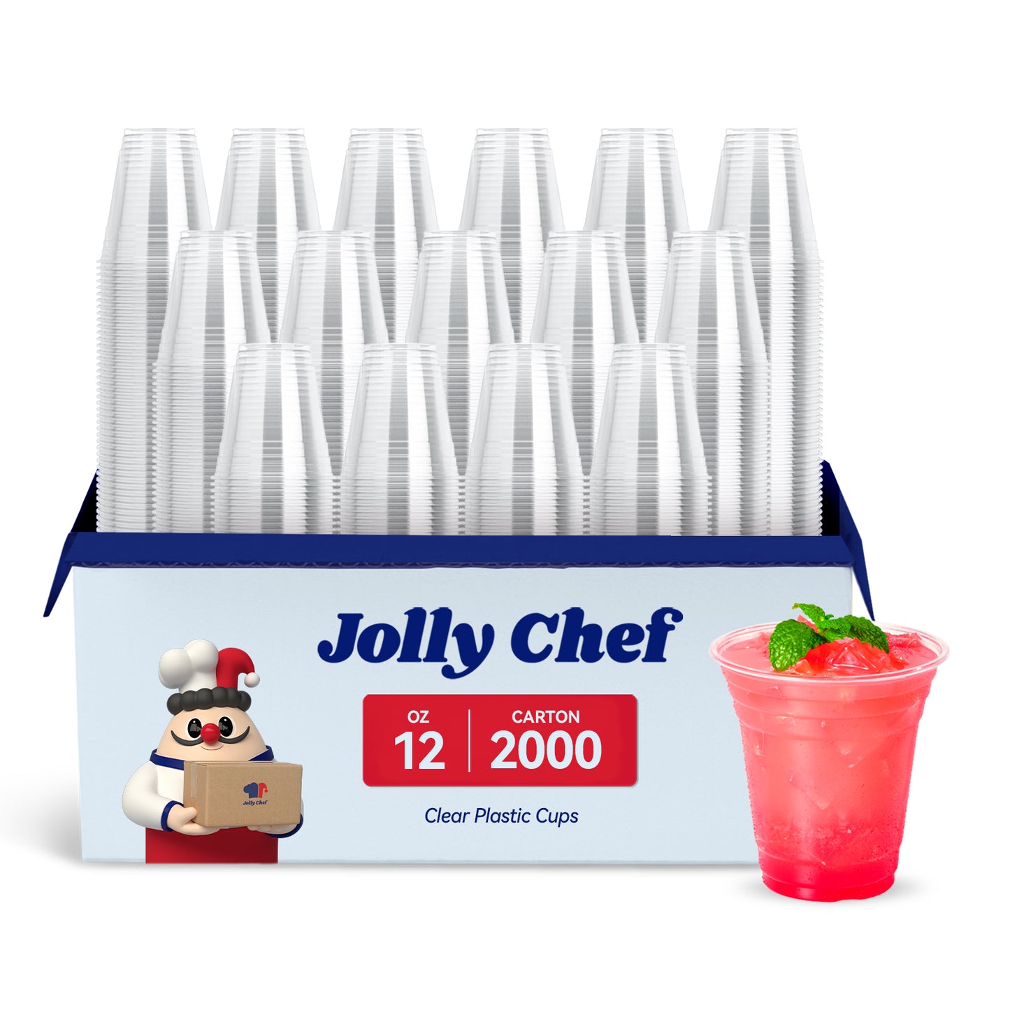 A pack of Jolly Chef 12 - oz clear plastic cups, 2000 per carton, featuring a sample cup filled with a pink drink garnished with mint.