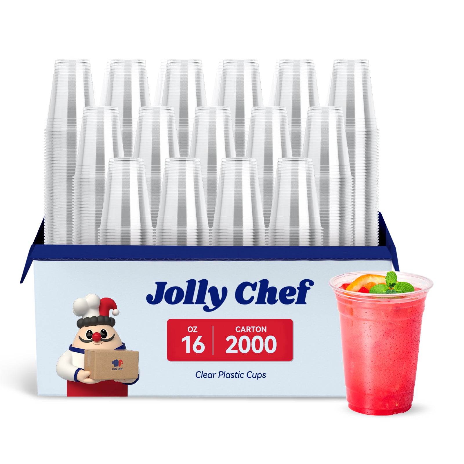 A pack of Jolly Chef 16 - oz clear plastic cups, 2000 per carton, with a sample cup filled with a pink drink garnished with an orange slice and mint.