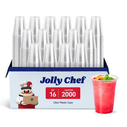 A pack of Jolly Chef 16 - oz clear plastic cups, 2000 per carton, with a sample cup filled with a pink drink garnished with an orange slice and mint.
