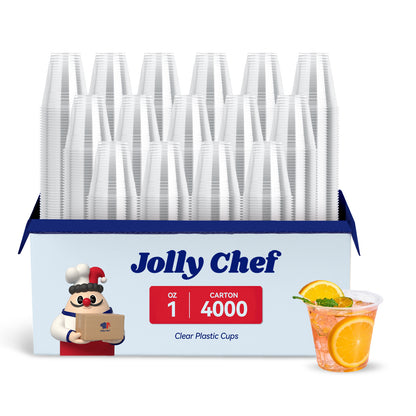 A pack of Jolly Chef 1 - oz clear plastic cups, 4000 per carton, with a sample cup filled with a drink garnished with orange slices and mint.