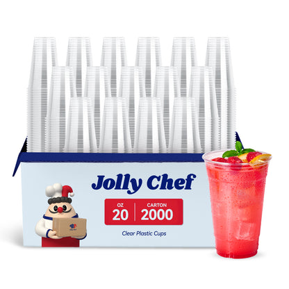 A pack of Jolly Chef 20 - oz clear plastic cups, 2000 per carton, featuring a sample cup filled with a pink drink garnished with mint, lemon, and berries.
