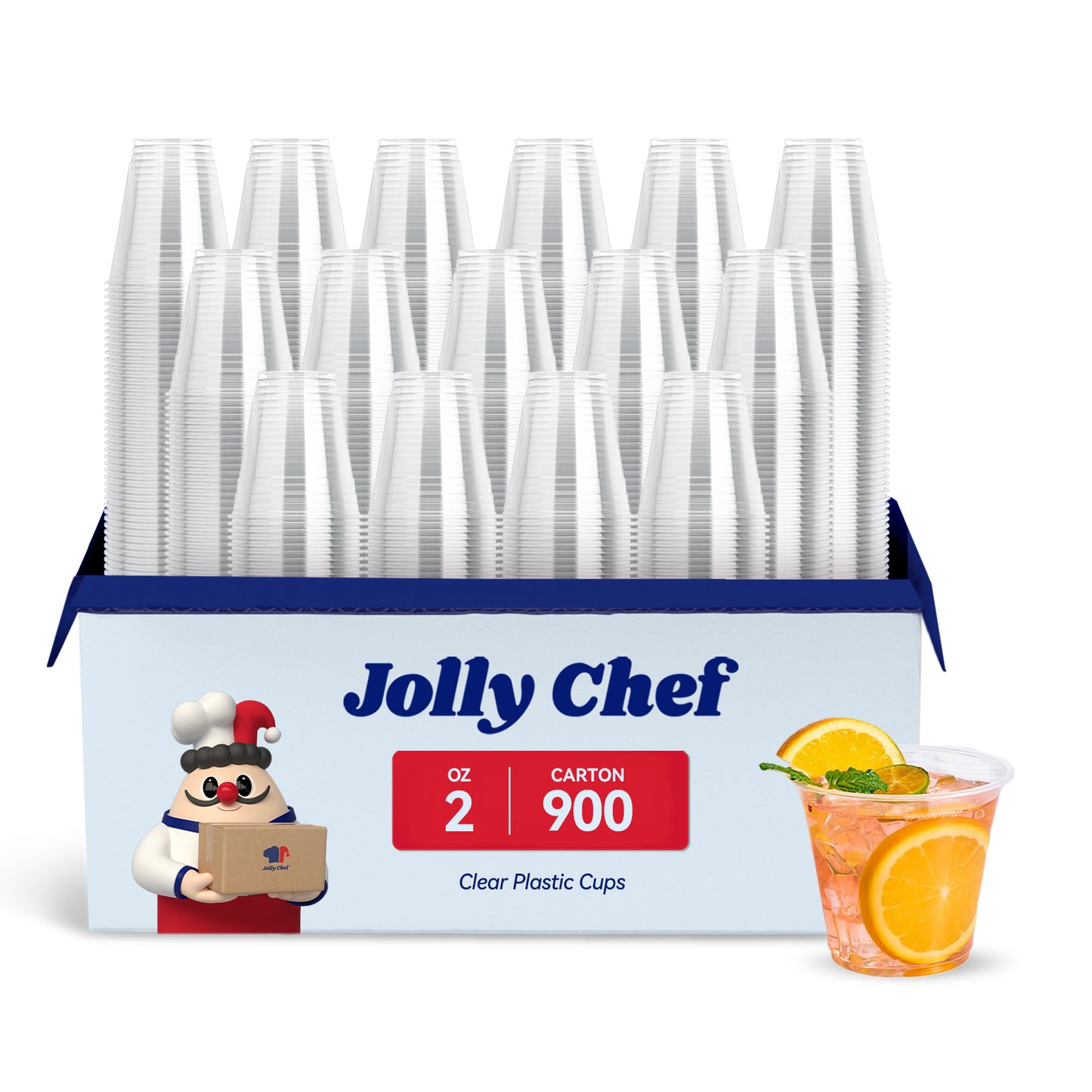 A pack of Jolly Chef 2 - oz clear plastic cups, 900 per carton, featuring a sample cup filled with a drink garnished with orange slices and mint.
