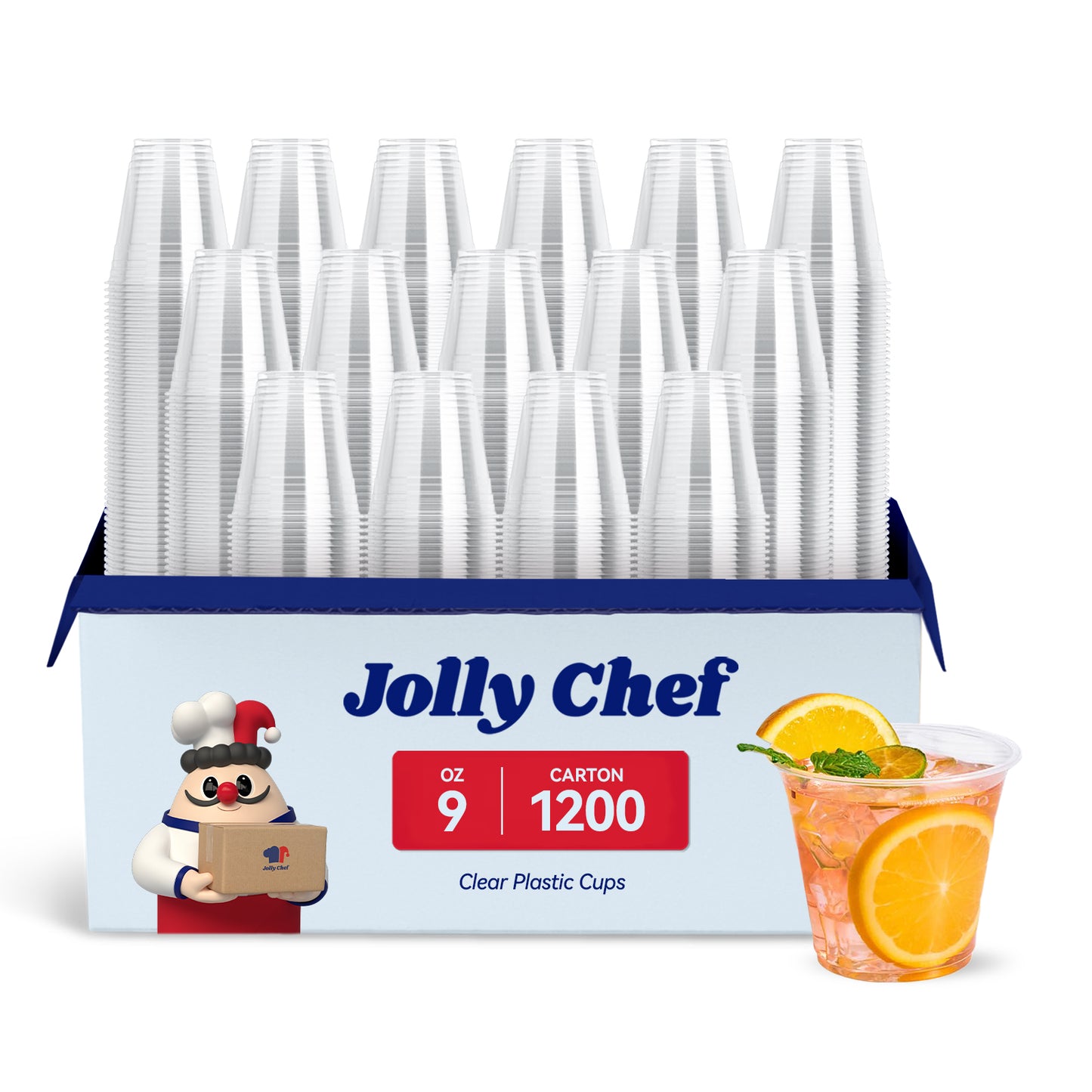 A pack of Jolly Chef 9 - oz clear plastic cups, 1200 per carton, with a sample cup filled with a drink garnished with orange slices and mint.