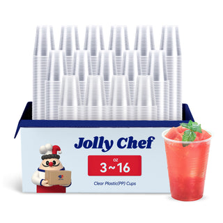 Jolly Chef clear plastic (PP) cups, 3 - 16 oz, with a sample drink.