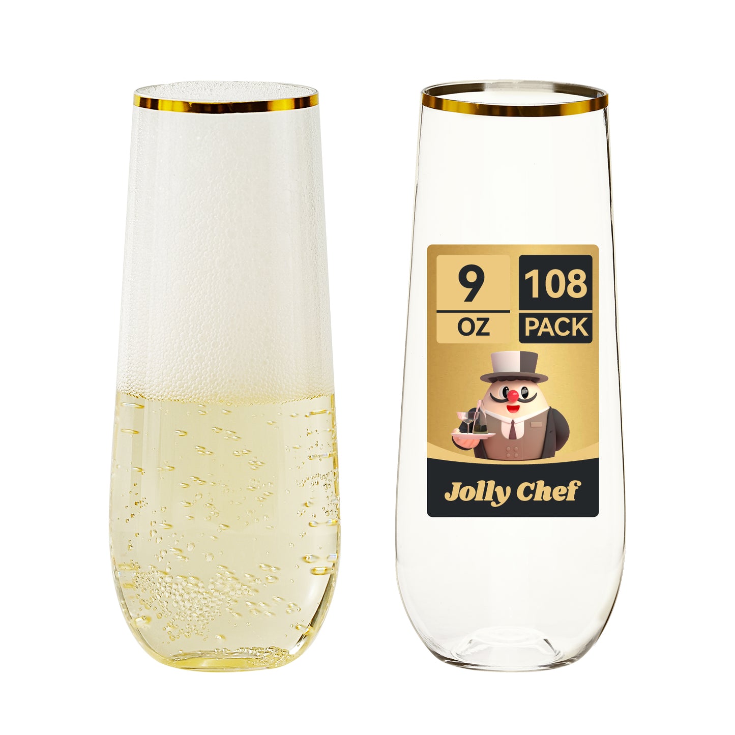 9oz Clear Stemless Gold Rim Plastic Champagne Flutes