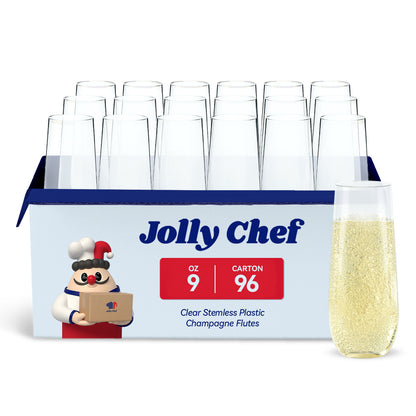 A pack of Jolly Chef 9 - oz clear stemless plastic champagne flutes, 96 per carton, with a sample flute filled with a bubbly drink.