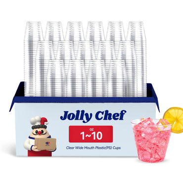 Jolly Chef clear wide - mouth plastic (PS) cups (1 - 10 oz), with a sample pink drink.